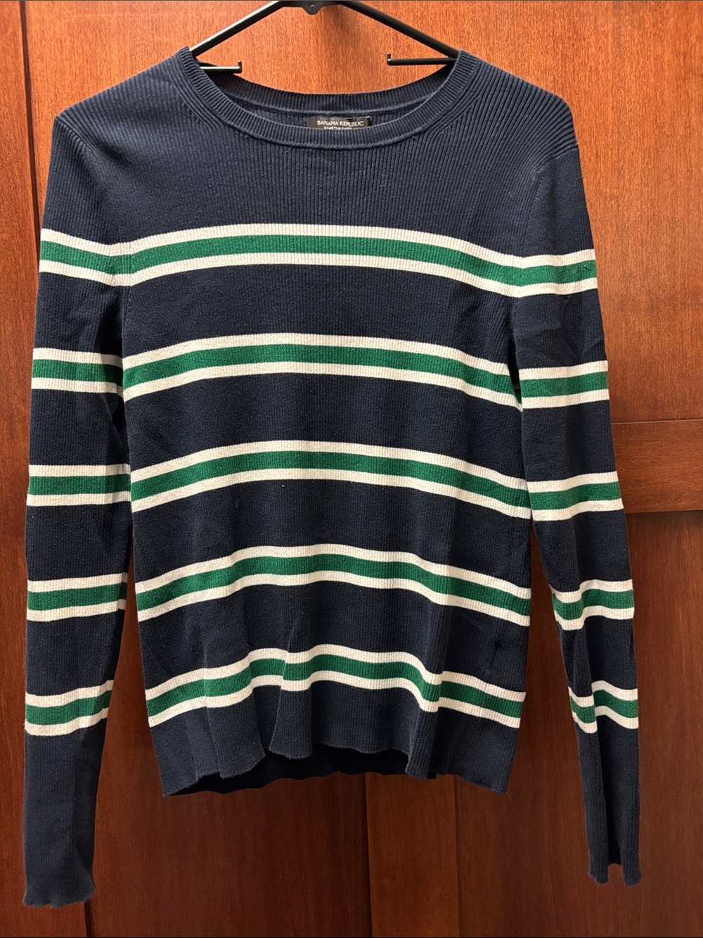 Banana Republic Navy, White & Green Striped Crewneck Sweater Medium